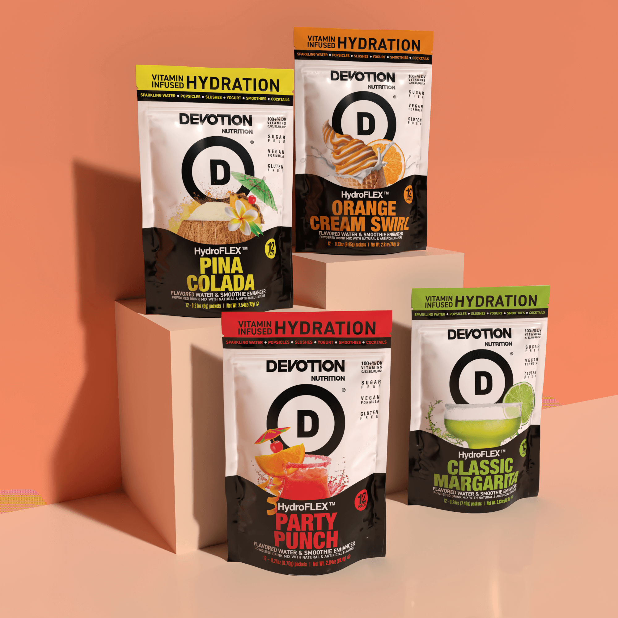 Assorted Devotion Nutrition HydroFlex hydration powders with fruity flavors.