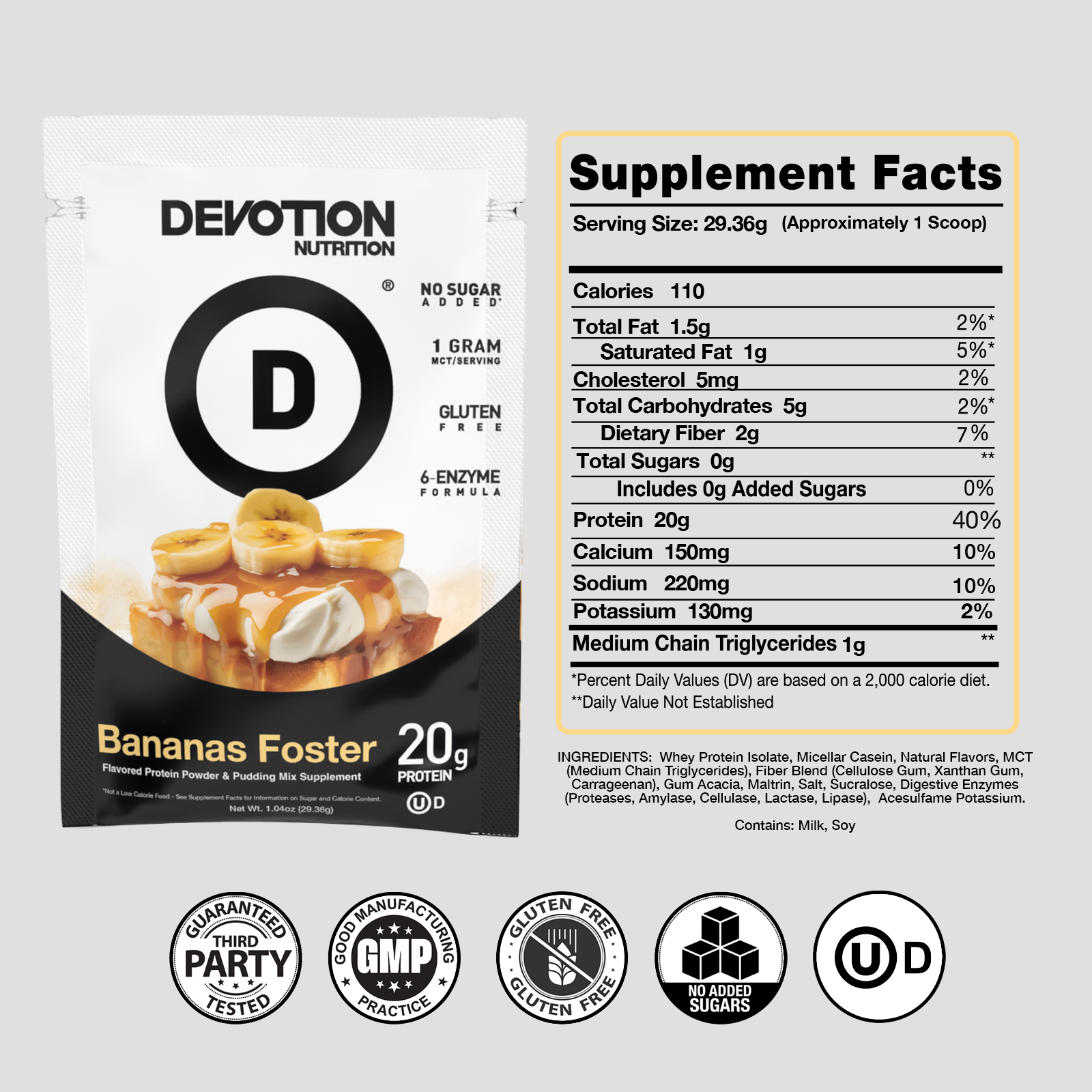 Supplement Fact Label, Ingredients List, Devotion Nutrition Bananas Foster on a grey background with various certifications
