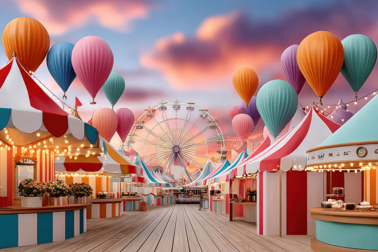 A colorful fairground scene with striped market stalls hot air balloons a Ferris wheel and a pink-orange sunset sky. This appears to be a decorative scene or print rather than a single physical product photographed in a studio.