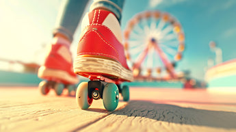 A close-up lifestyle shot of a person's foot wearing a red and white roller skate shoe with mint green wheels set against a blurred fairground background with a Ferris wheel and blue sky.