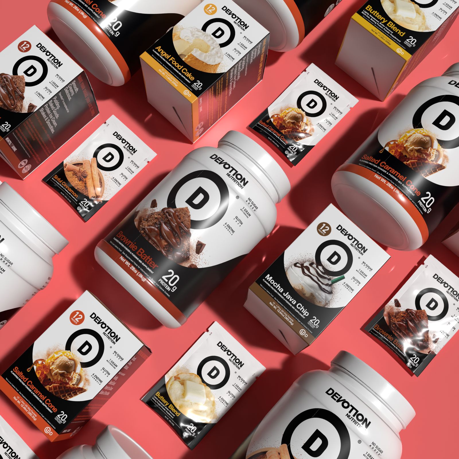 Devotion Nutrition protein powders and flavor packs displayed on a pink background.