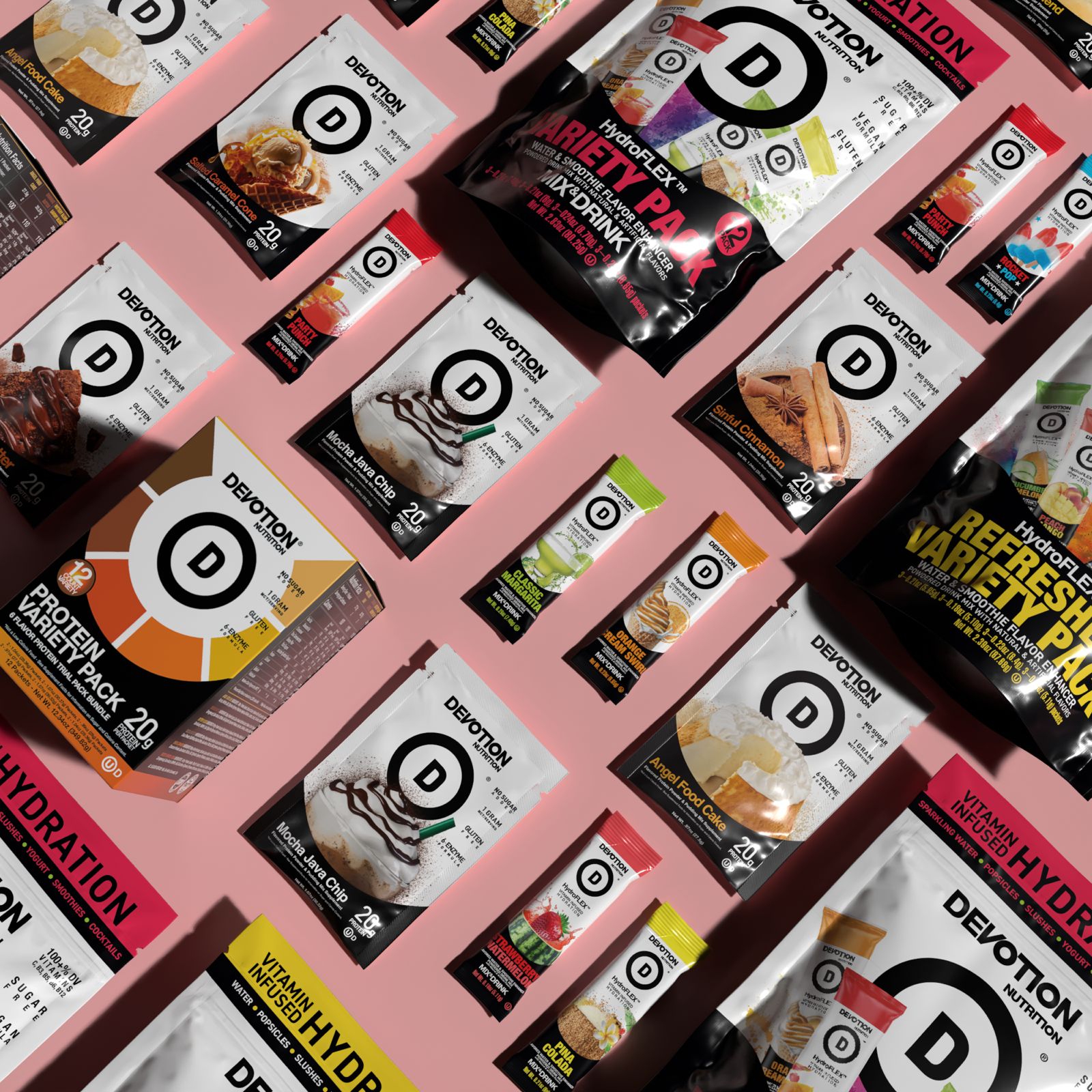 Devotion Nutrition protein powders, flavor packs, and Hydroflex hydration products.