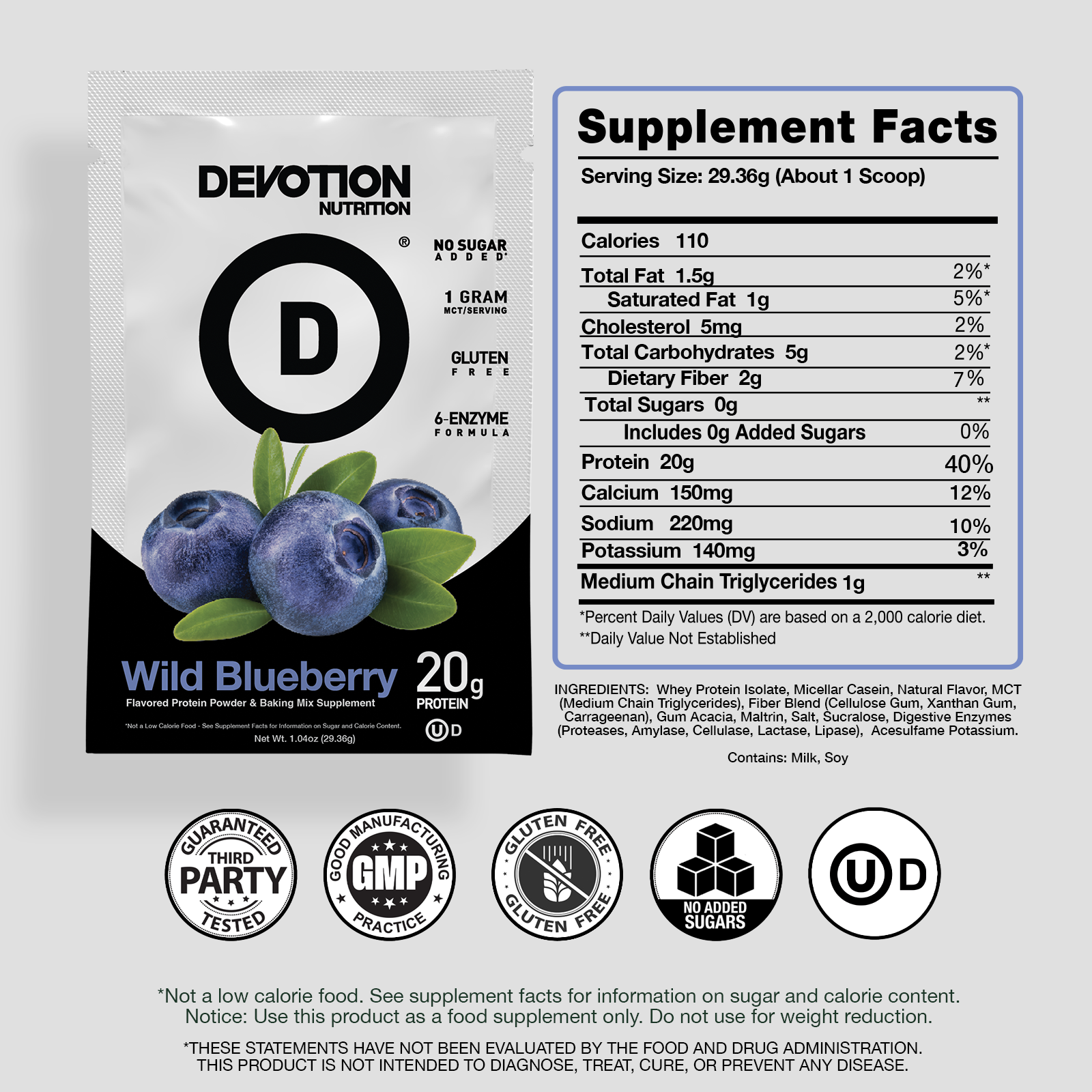 Supplement Fact Label, Ingredients List, Devotion Nutrition Wild Blueberry Flavor on a grey background with various certifications