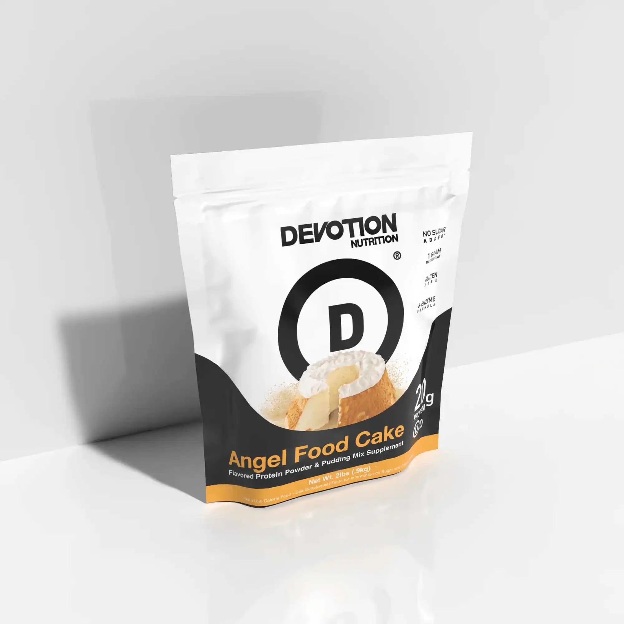Devotion Nutrition Angel Food Cake protein powder package on a white background