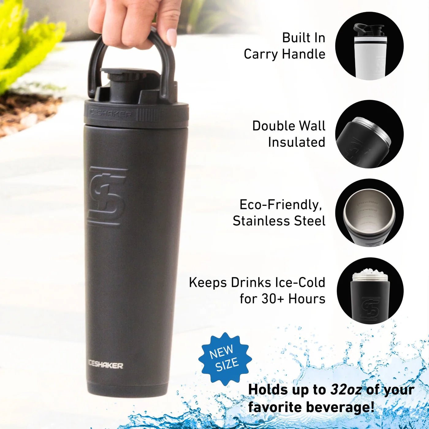Black insulated stainless steel water bottle with features highlighted on a white background, Devotion Nutrition 32oz Slim Shaker