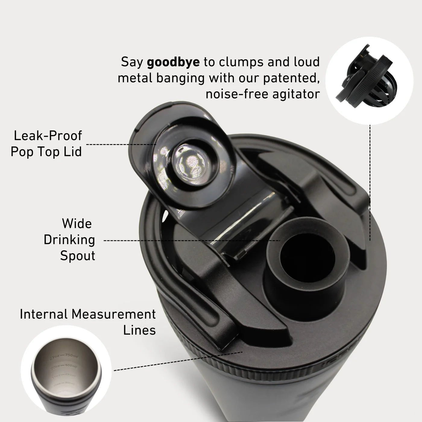 Black shaker bottle with labeled features on a white background, Devotion Nutrition 32oz Slim Shaker