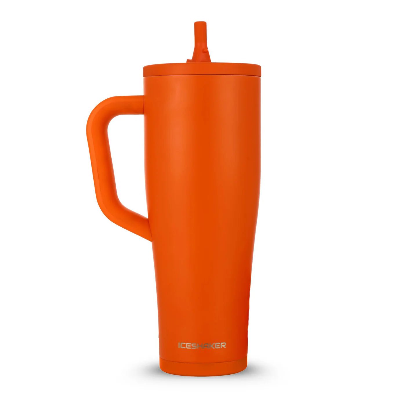 Orange insulated mug with handle on a white background