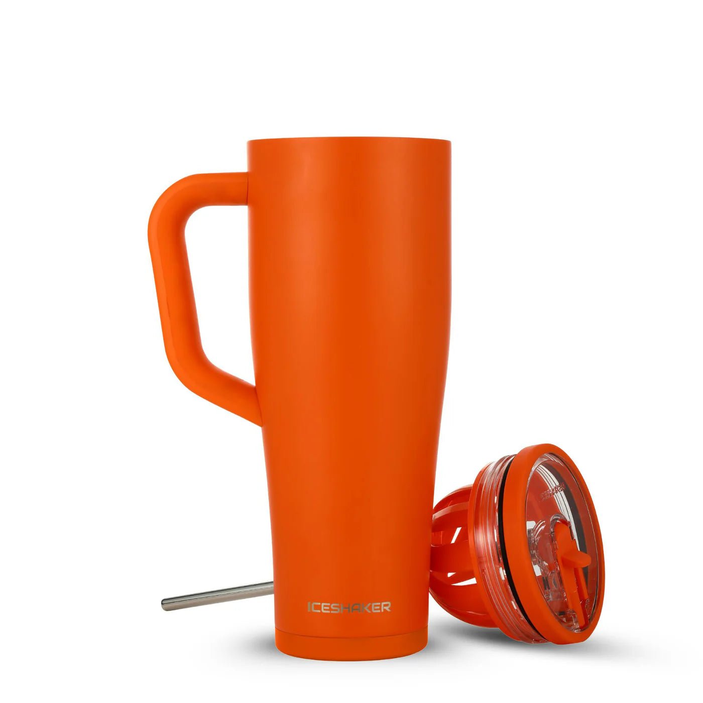 Orange travel mug with handle and separate lid on a white background