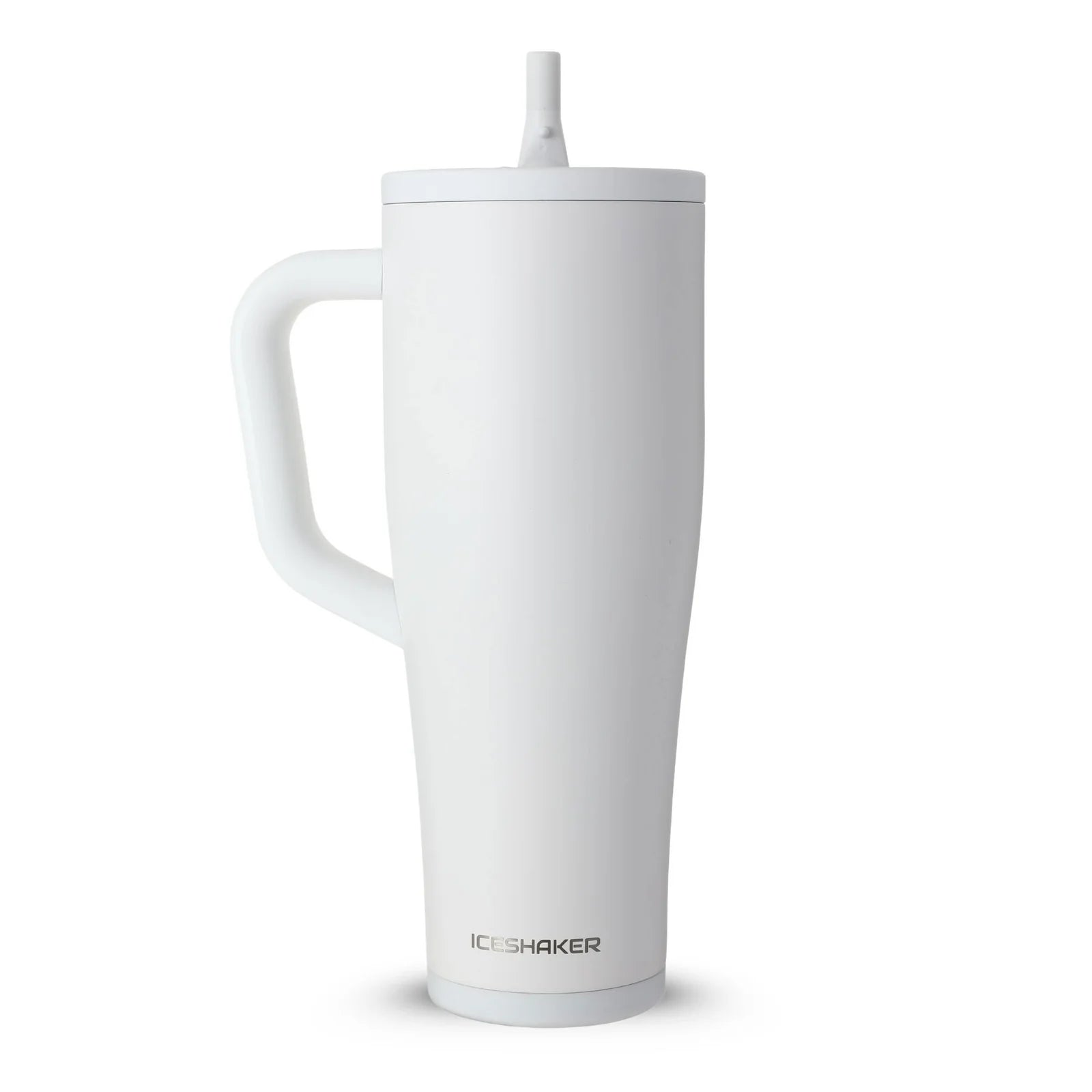 White insulated mug with handle on a white background