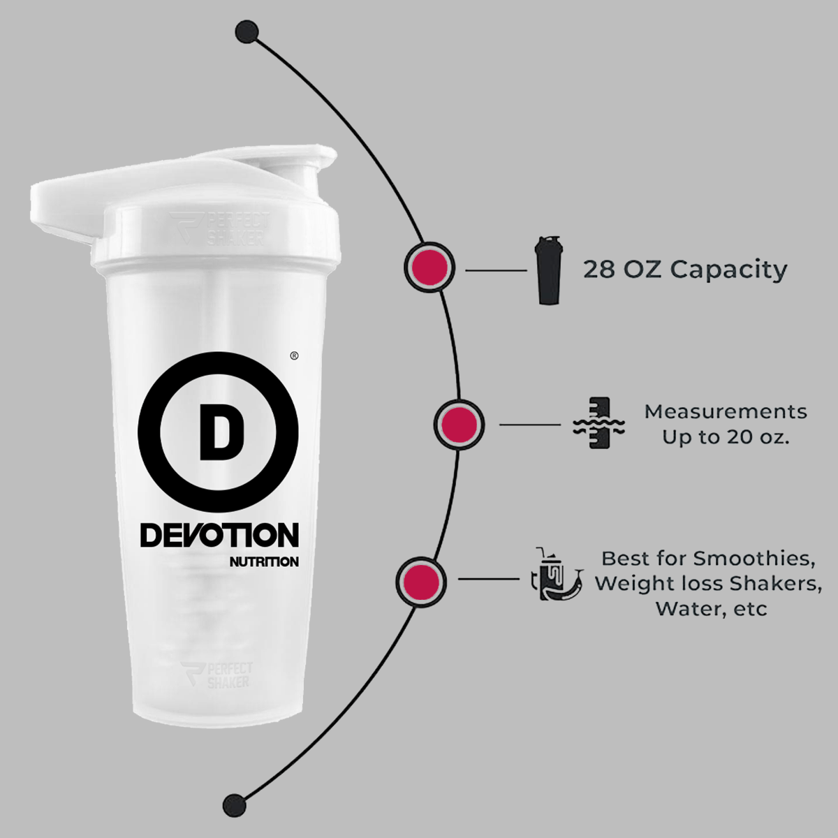 More Features - Devotion Nutrition Perfect Shaker Bottle, 28oz, White - Devotion Nutrition