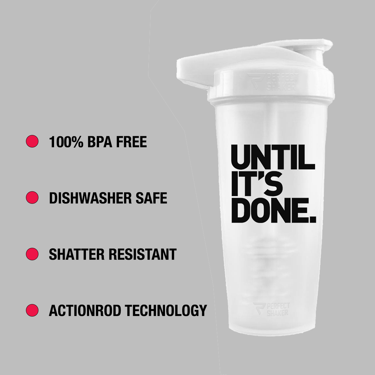 FEATURES - Devotion Nutrition Perfect Shaker Bottle, 28oz, White - Devotion Nutrition