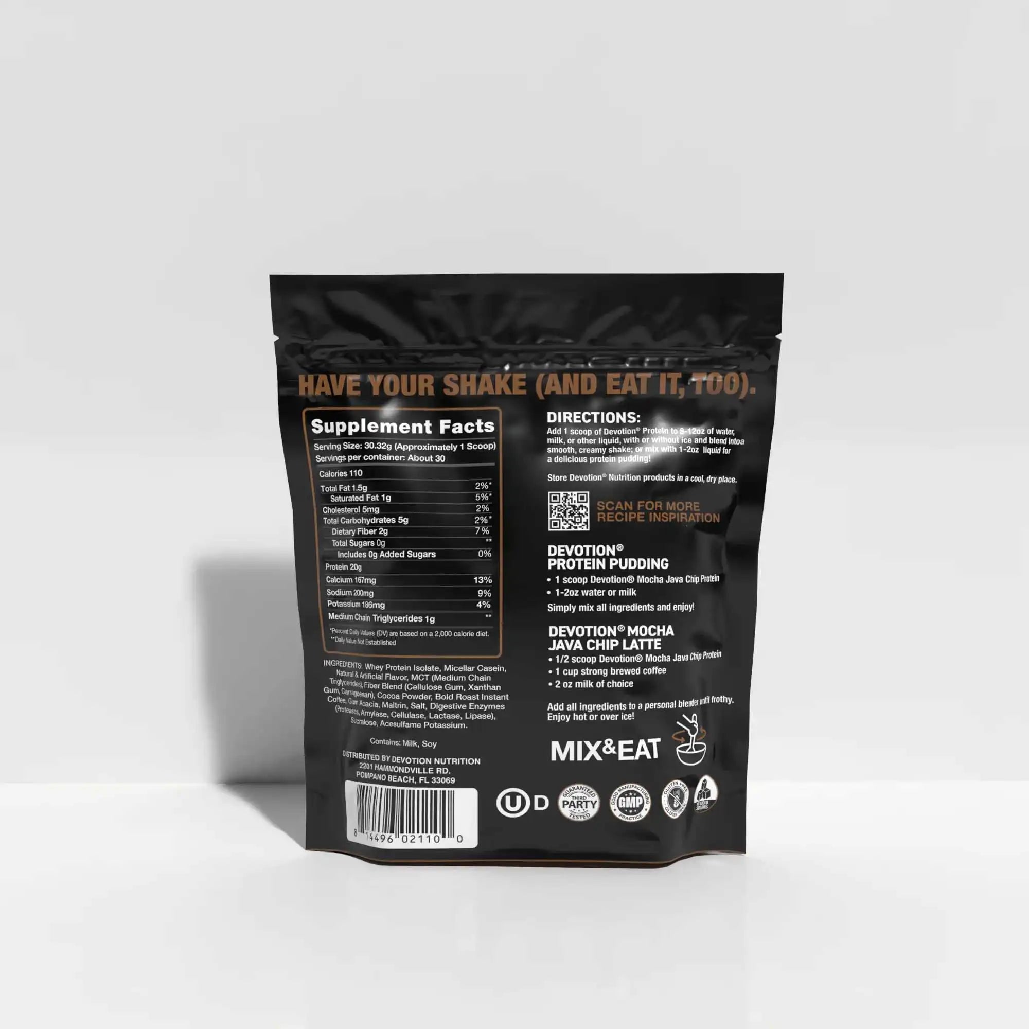 Back view of a protein powder package with text and branding on a white background