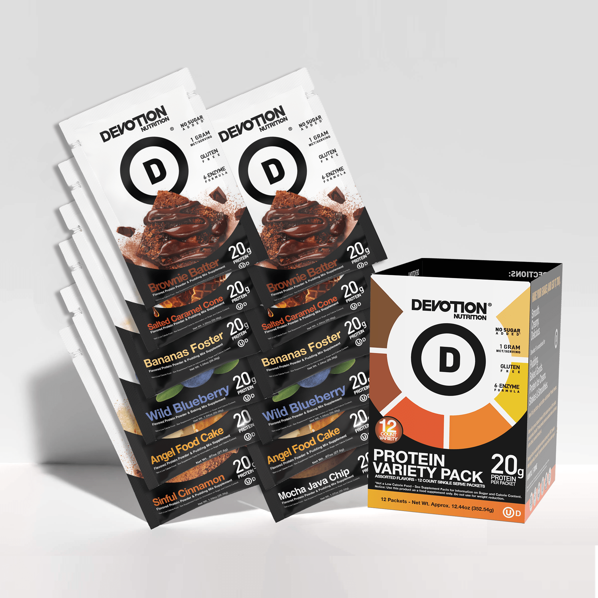 Devotion Nutrition | Protein Variety 12-Pack Bundle product image showing the box and 12 assorted packets of protein powder.