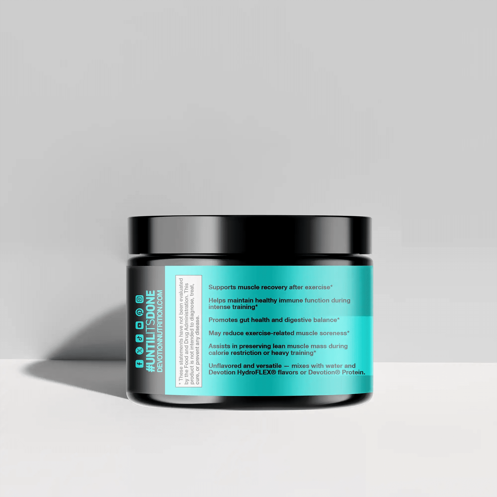 Jar of a supplement with a blue label on a gray background