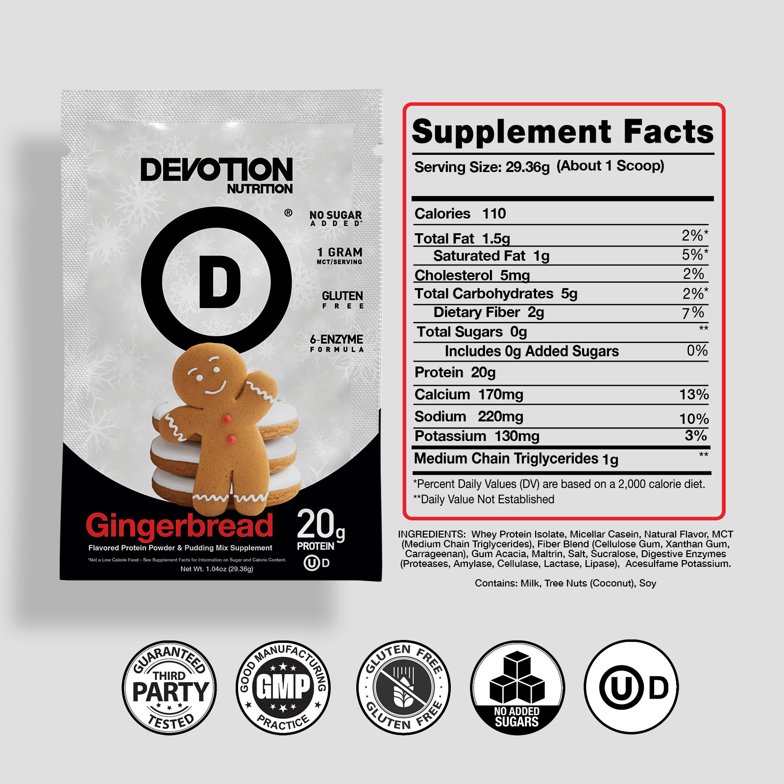 Devotion Nutrition Gingerbread supplement package with nutritional facts and certifications