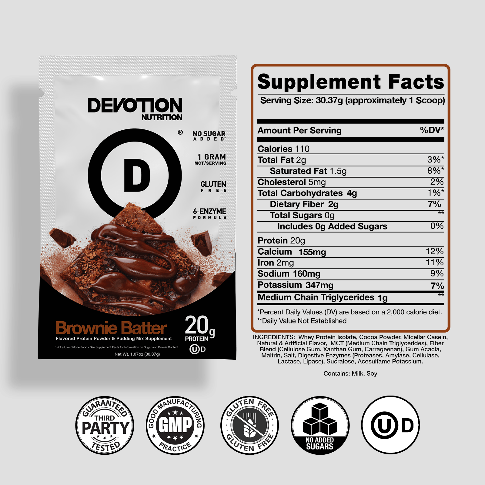Devotion Nutrition Brownie Batter protein powder package with supplement facts and certification icons.