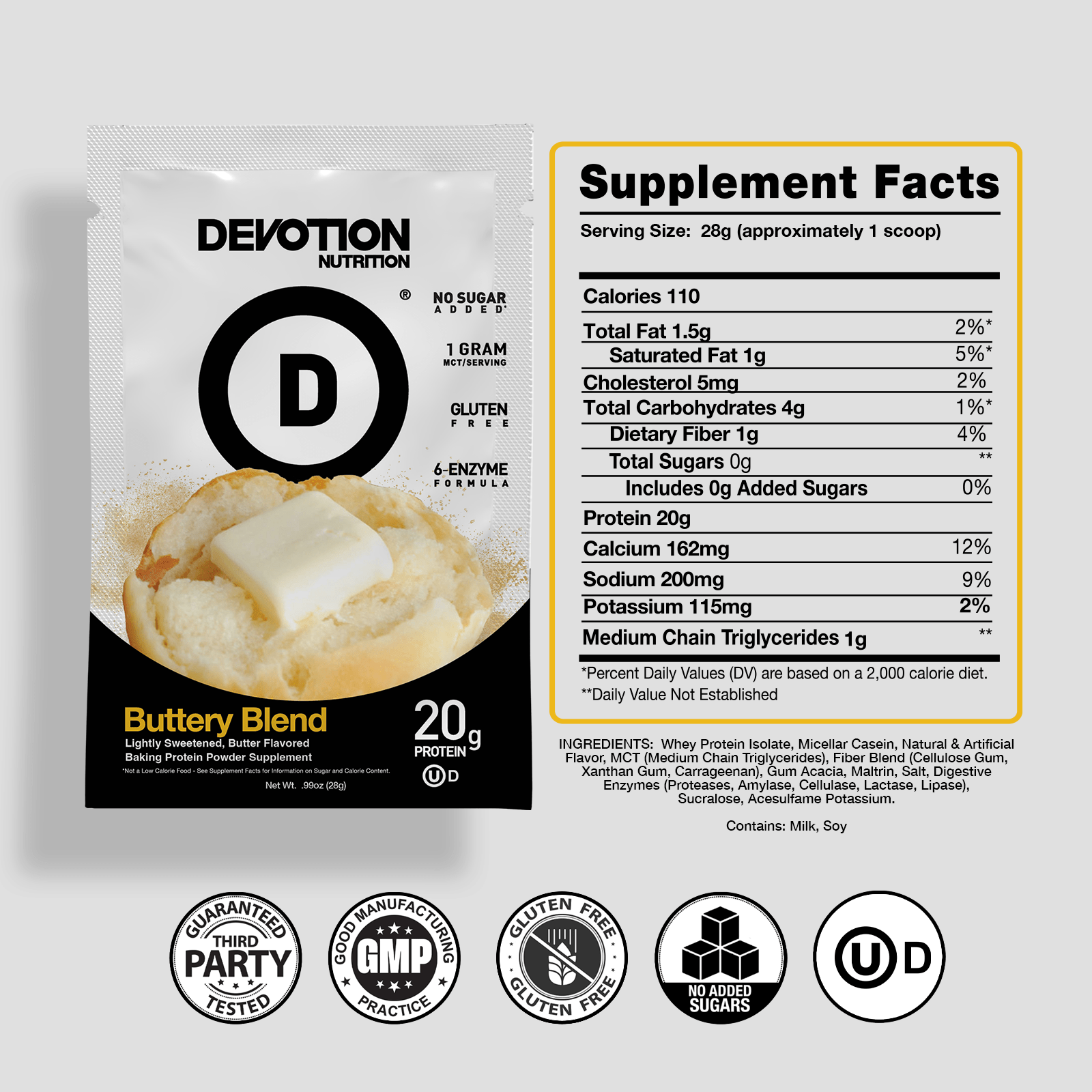 Devotion Nutrition Buttery Blend supplement package with nutritional facts and branding details.