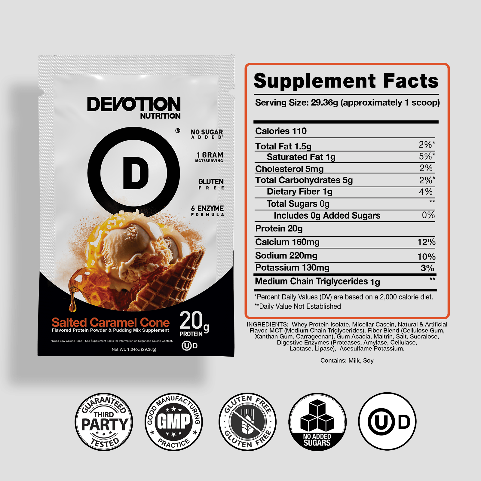 Devotion Nutrition supplement package with nutritional information and certification icons