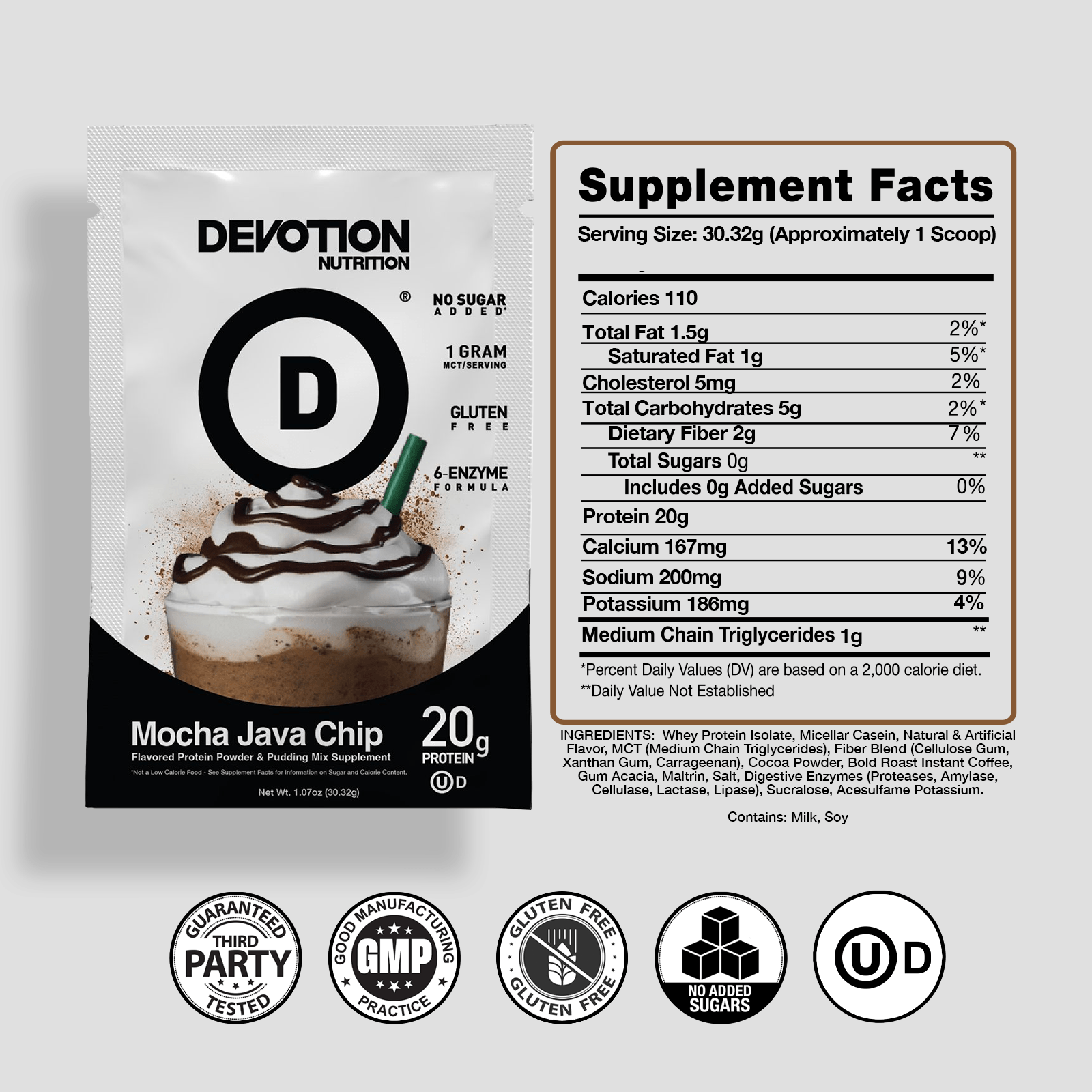 Devotion Nutrition Mocha Java Chip supplement package with supplement facts label and certifications
