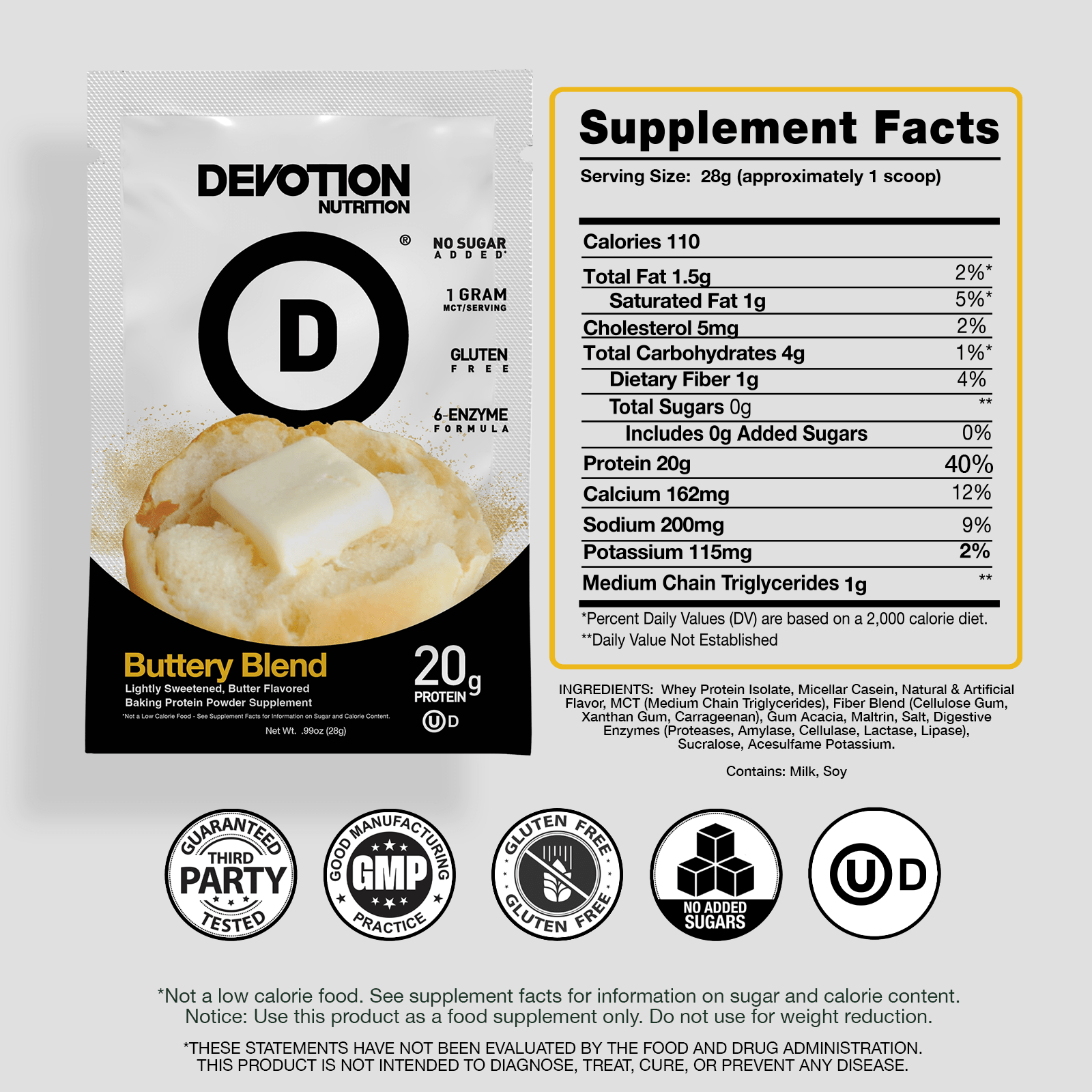 Supplement Fact Label, Ingredients List, Devotion Nutrition Buttery Blend Savory Baking Protein powder on a grey background