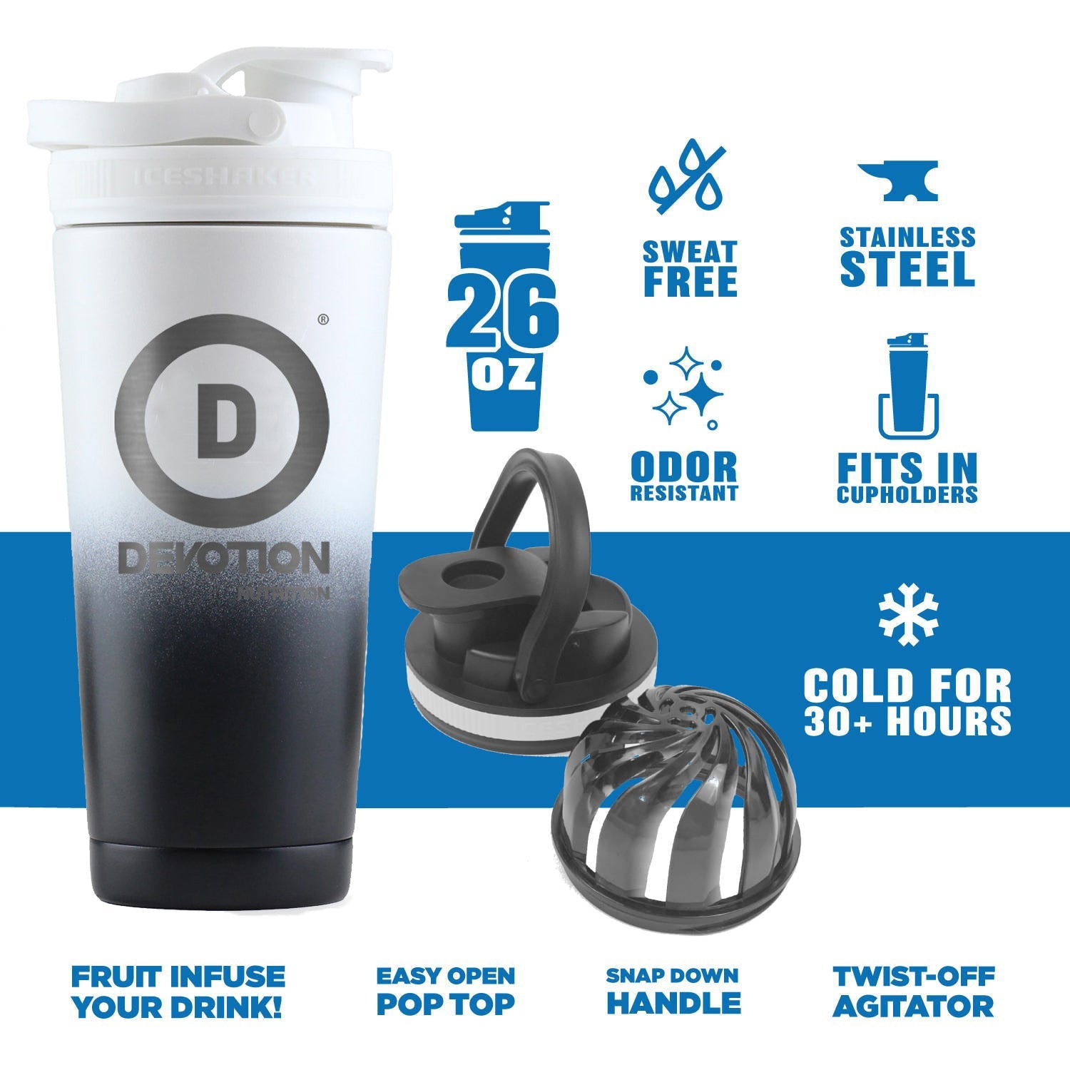 Devotion 26 oz Black & White Ombre Ice Shaker Bottle - Devotion Nutrition
