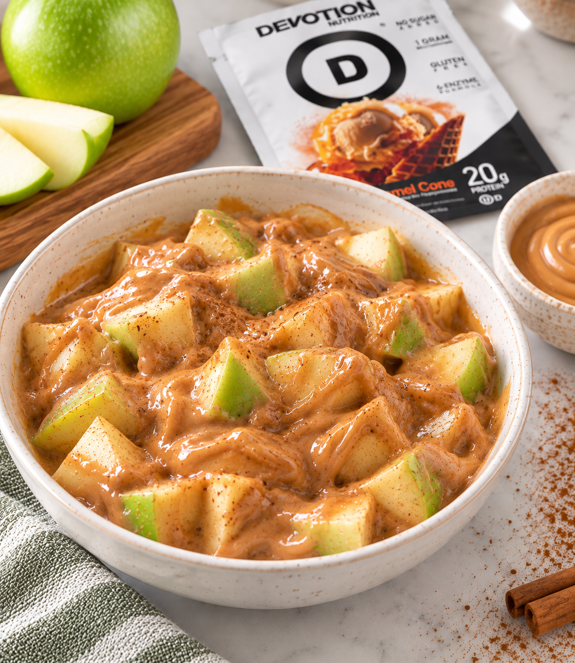 Devotion Nutrition salted caramel cone made into a pudding combined with diced Granny Smith Apple