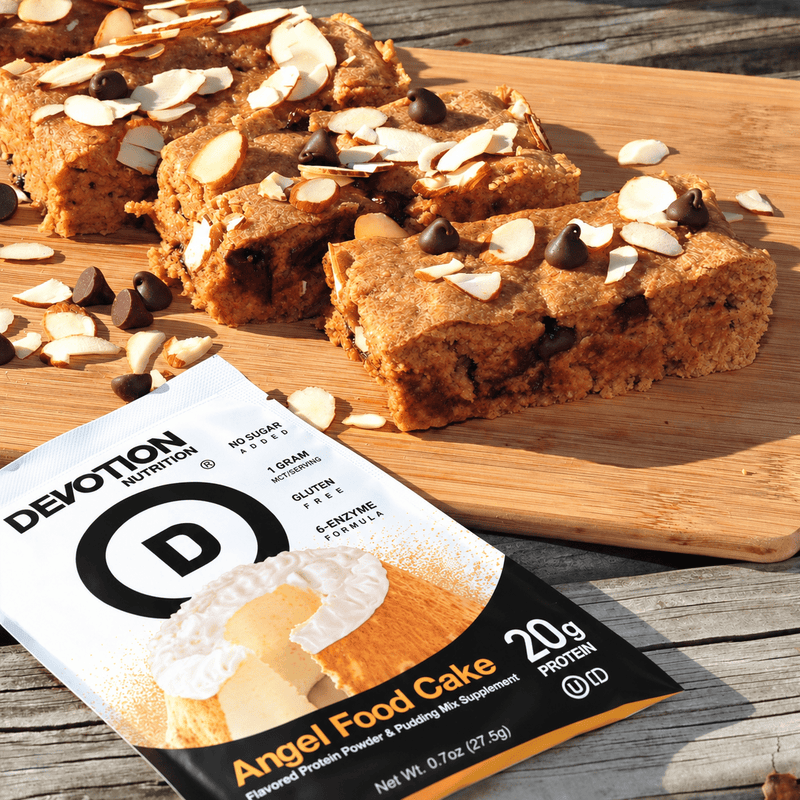 Devotion Nutrition monkey bars with trail pack of angel food cake, protein powder