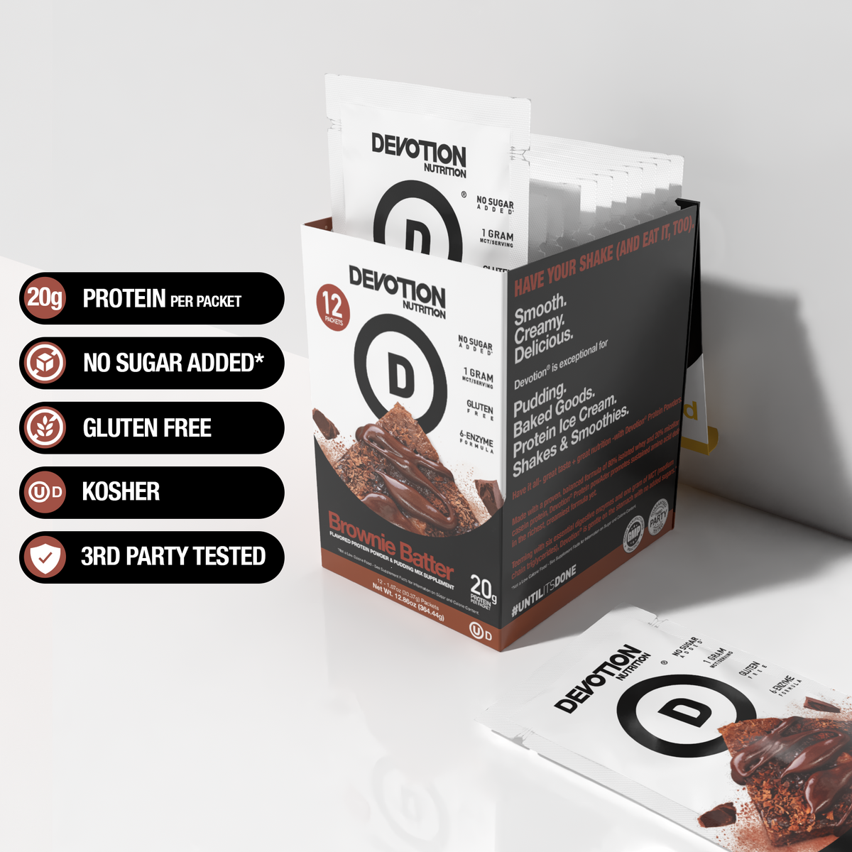An image of the Devotion Nutrition | Brownie Batter Protein Powder 12-Pack Box with 5 callouts, 20g protein per serving, no sugar added, gluten free, kosher and third party tested labels to the left.