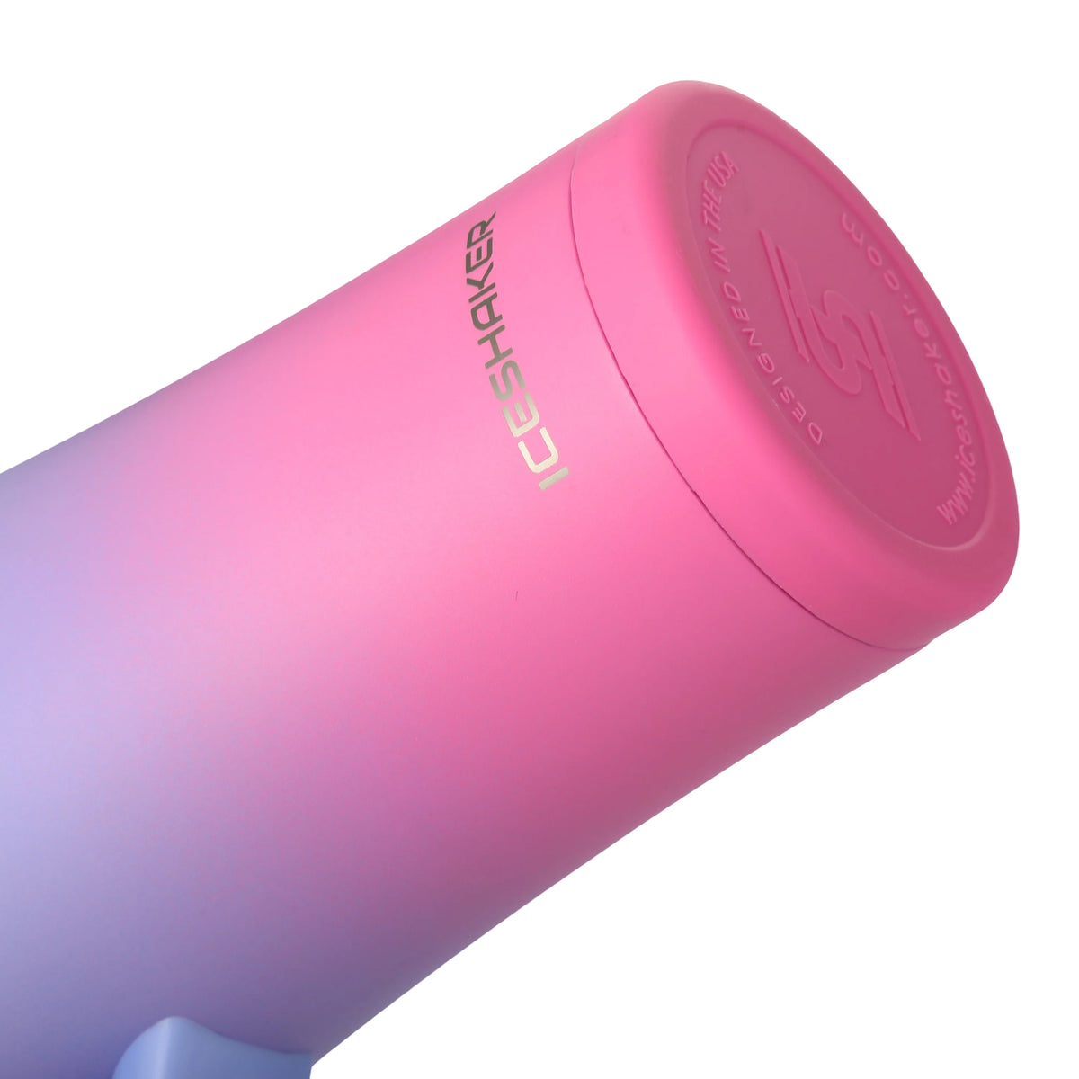 Gradient pink to purple tumbler with 'Ice Shaker' branding on a white background