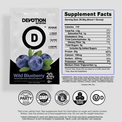 Supplement Fact Label, Ingredients List, Devotion Nutrition Wild Blueberry Flavor on a grey background with various certifications