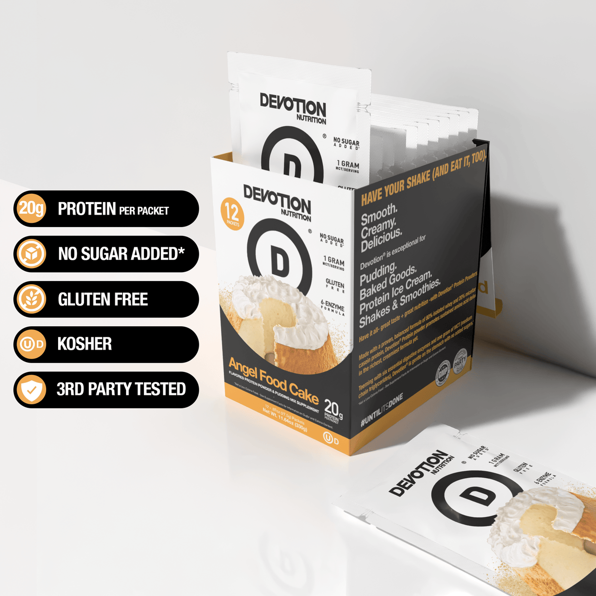 An image of the Devotion Nutrition | Angel Food Cake Protein Powder Packets 12-Pack Box with 5 callouts, 20g protein per serving, no sugar added, gluten free, kosher and third party tested labels to left.