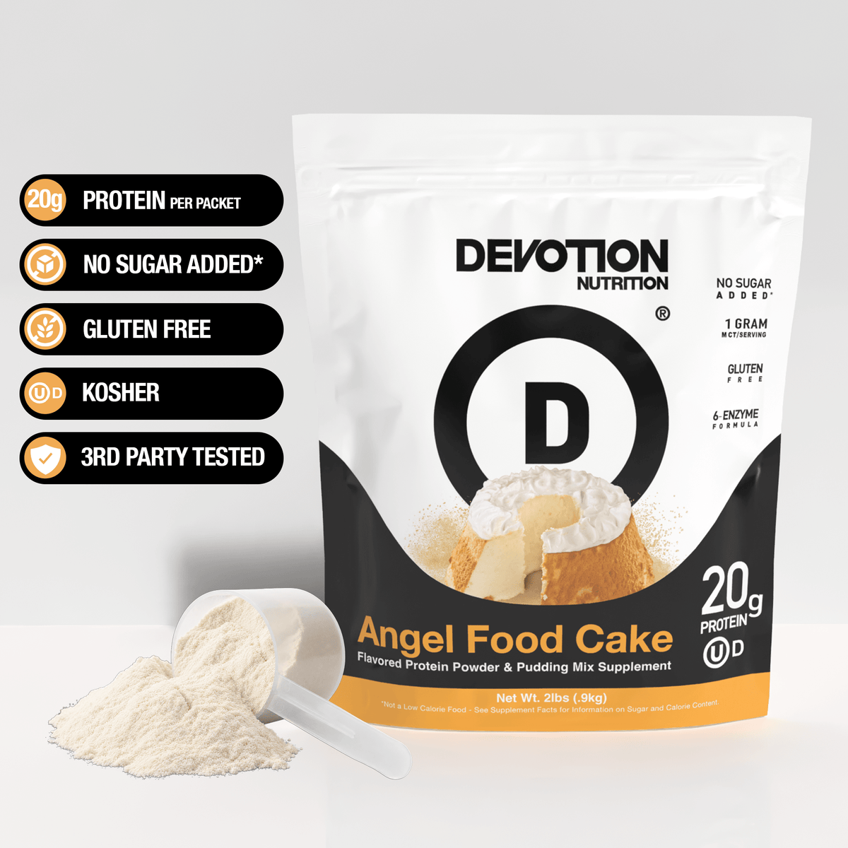An image of the Devotion Nutrition | Angel Food Cake Protein Powder 2lb Bag with 5 callouts, 20g protein per serving, no sugar added, gluten free, kosher and third party tested labels to the left, and a scoop of cream colored protein powder.