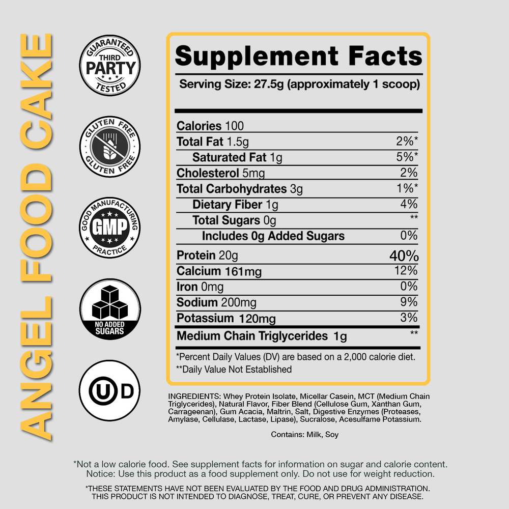 Nutrition label for angel food cake supplement on a white background
