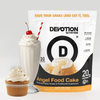 Devotion Nutrition Angel Food Cake protein powder package with a milkshake and cupcake on a light gray background