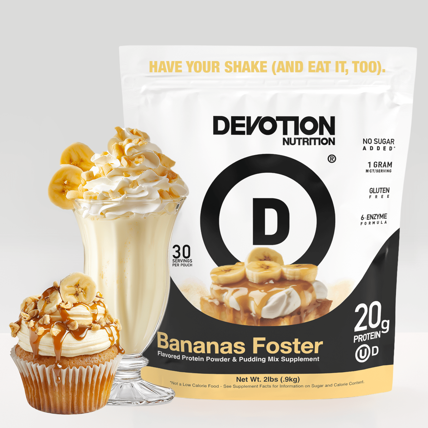 Devotion Nutrition Bananas Foster protein powder package with a milkshake and cupcake on a light gray background