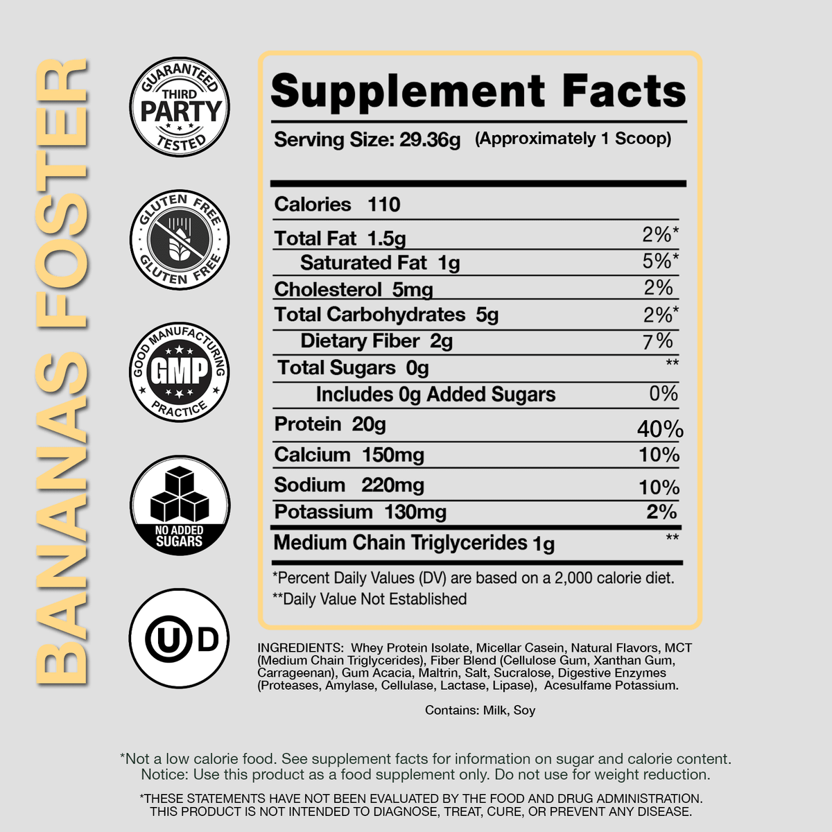 Supplement facts label for Bananas Foster with various certification logos on a light gray background.