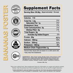 Supplement facts label for Bananas Foster with various certification logos on a light gray background.
