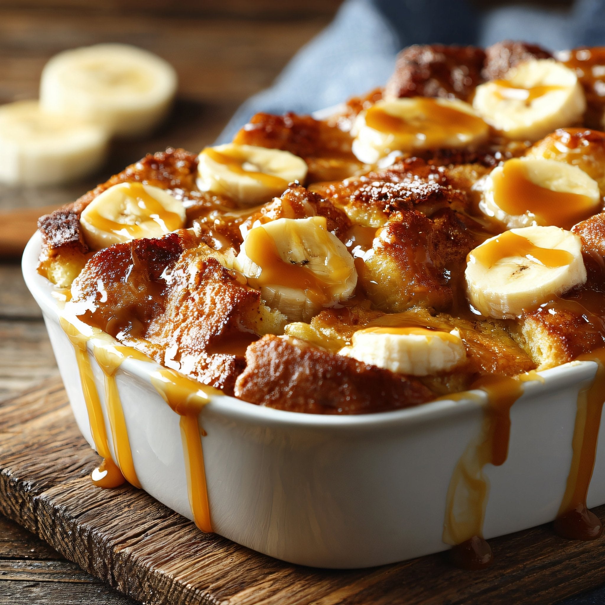 Banana bread pudding with caramel sauce in a white dish on a wooden surface