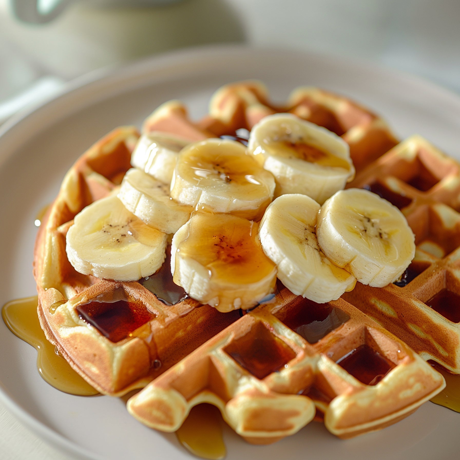 Waffles with sliced bananas and syrup on a white plate