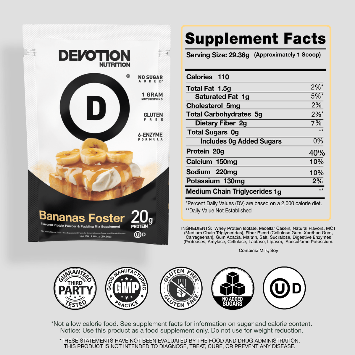Supplement Fact Label, Ingredients List, Devotion Nutrition Bananas Foster Flavor Protein powder on a grey background with various certifications