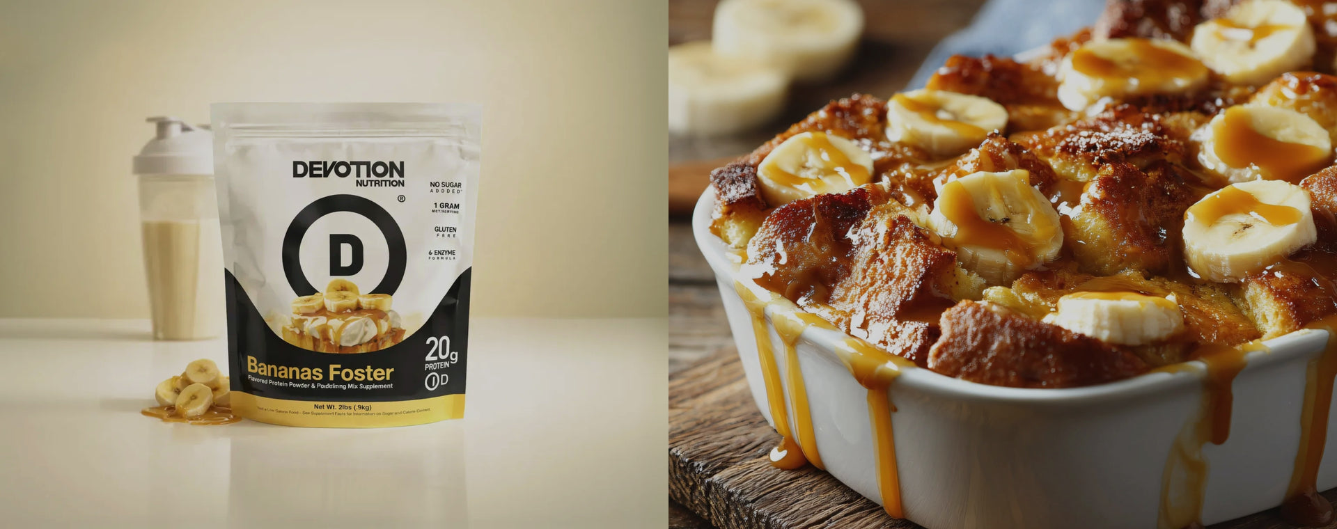 Devotion protein powder package with a banana foster dessert in a dish.