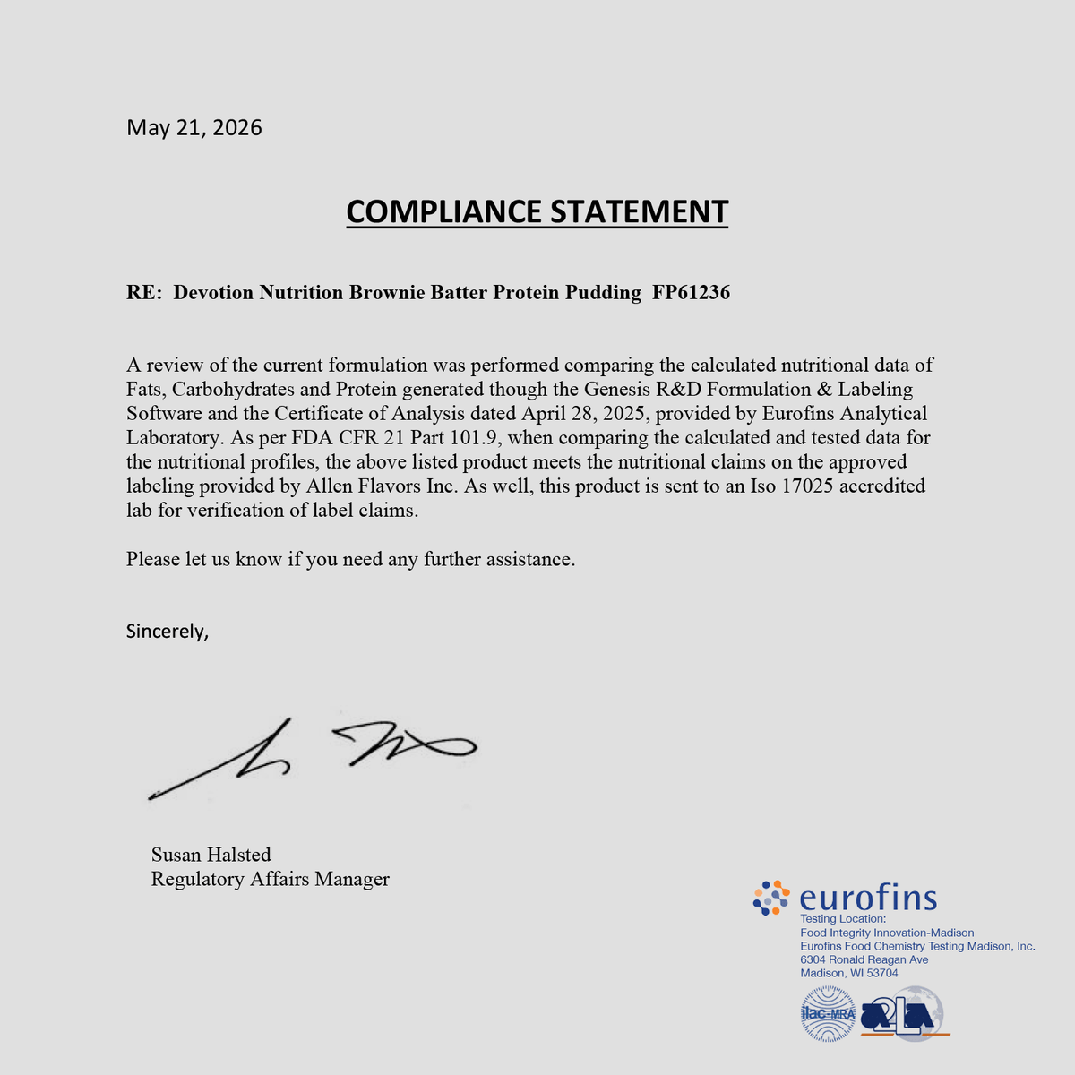 Compliance statement document with text and Eurofins logo on a white background