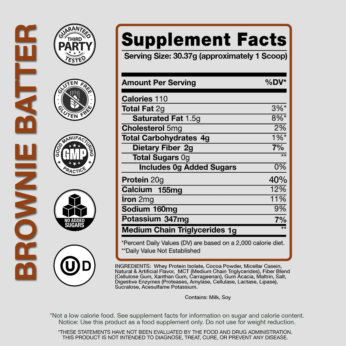 Supplement facts label for Devotion Nutrition brownie batter protein powder supplement on a gray background