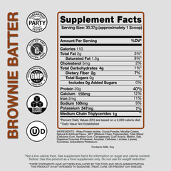 Supplement facts label for Devotion Nutrition brownie batter protein powder supplement on a gray background