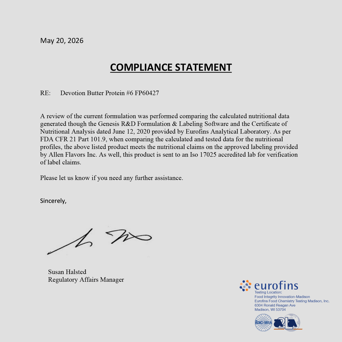 Compliance statement document with text and Eurofins logo on a gray background