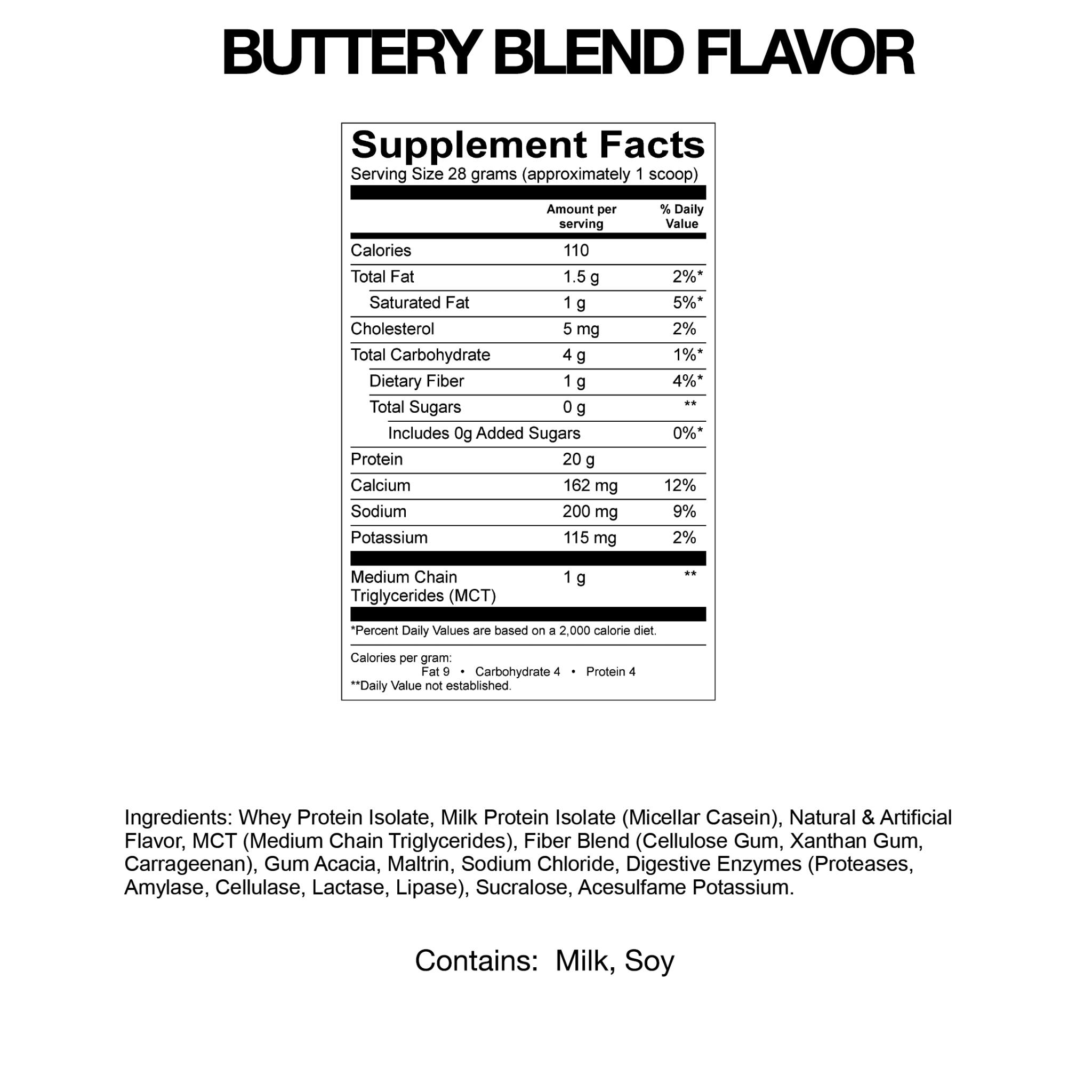 Buttery Blend Flavor supplement facts label on a white background