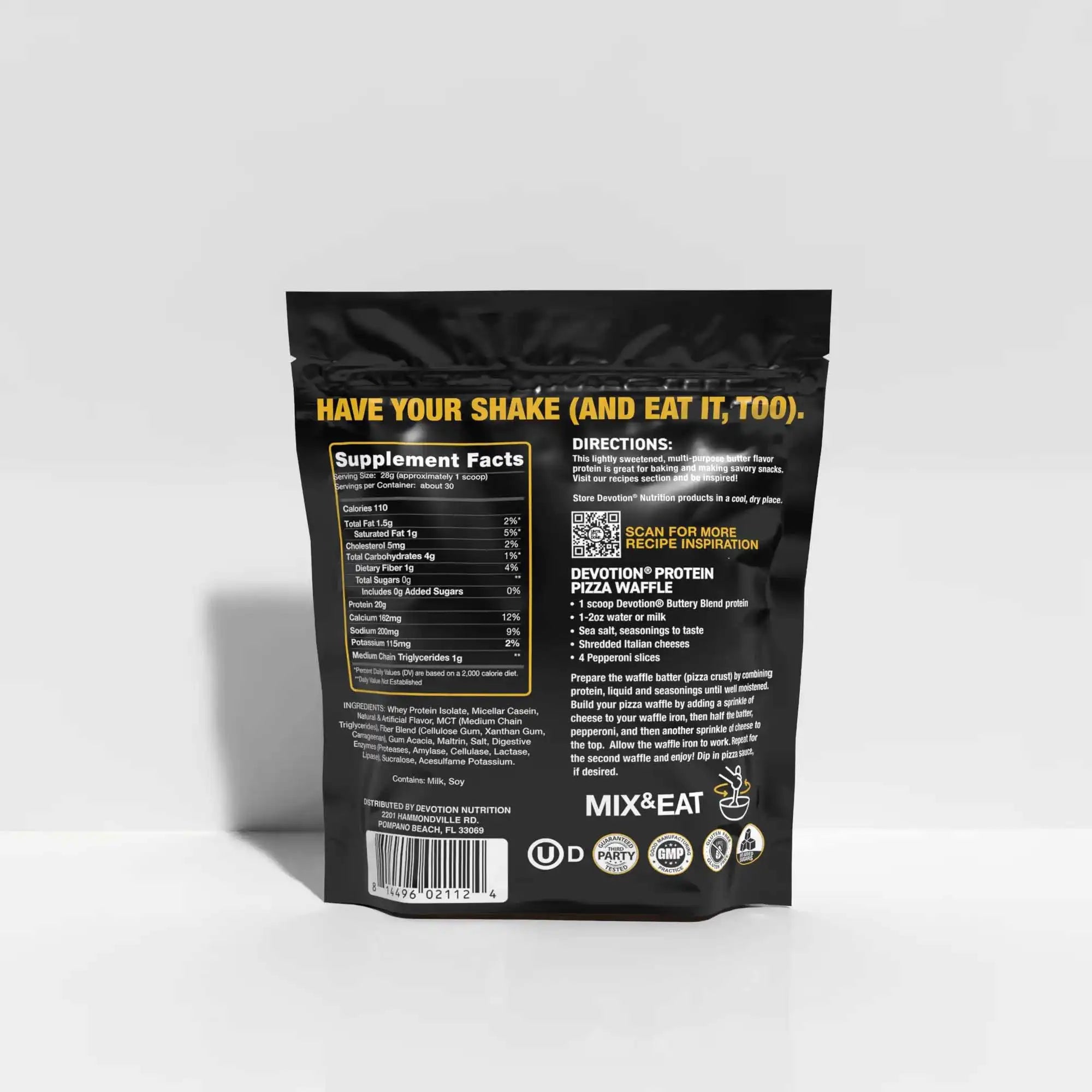 Black package with yellow text on a white background