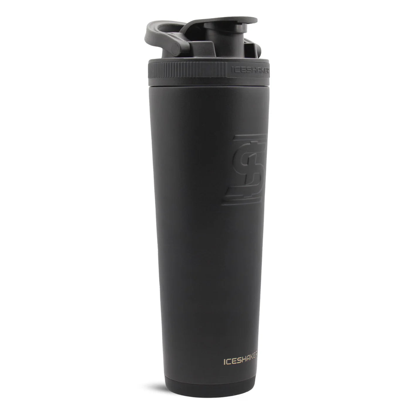 Black shaker bottle with a cap on a white background, Devotion Nutrition 32oz Slim Shaker