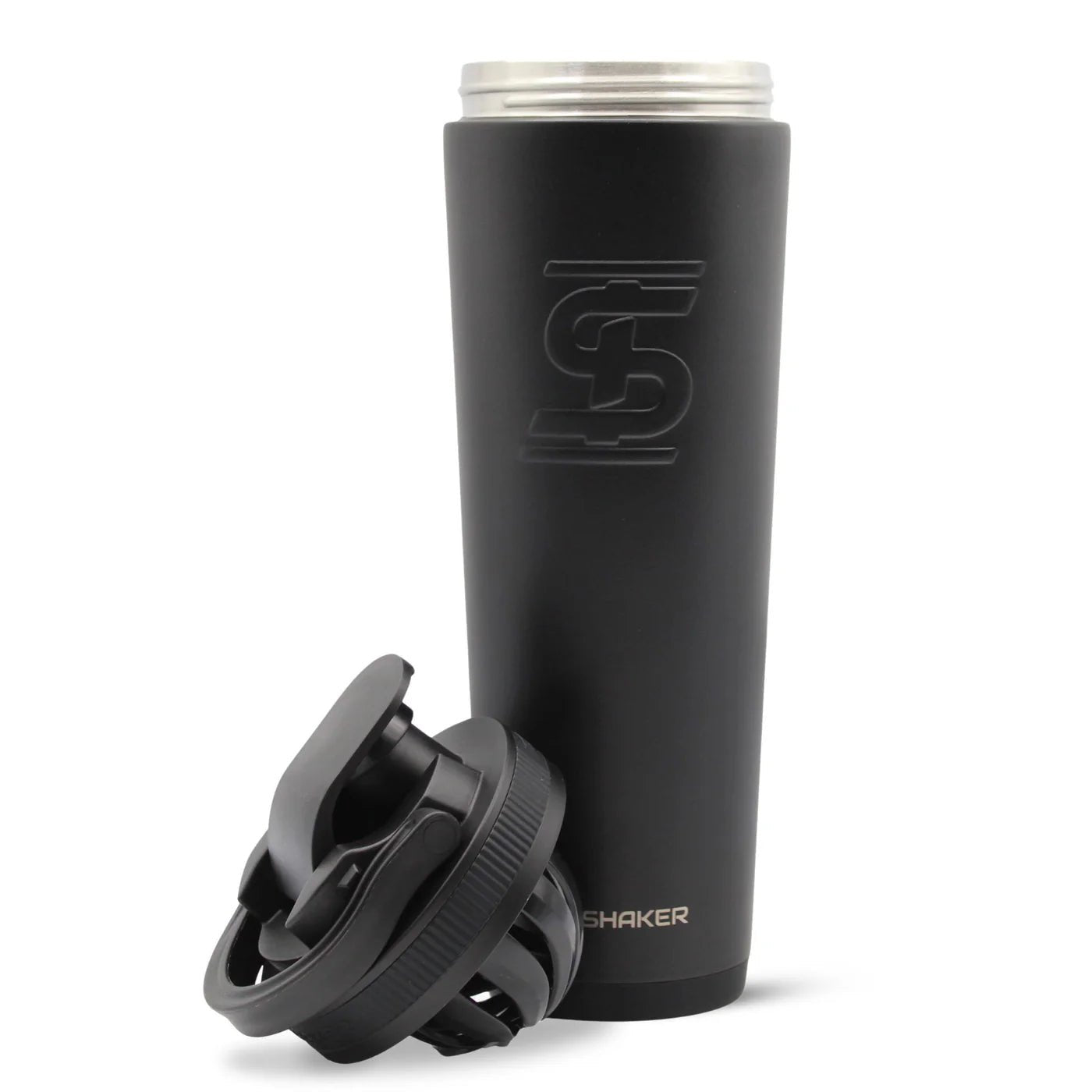 Black tumbler with 'Devotion Nutrition' logo on a light gray background