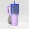 A tall handled tumbler with a purple lid and straw, featuring a purple-to-lavender gradient body and a gray 'D Devotion Nutrition' logo on the front, set against a light gray background.